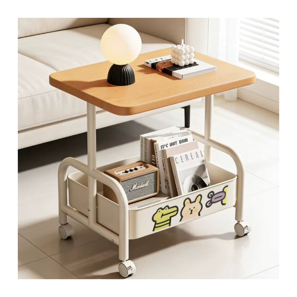 LIUSHADUOLA Rollbarer Laptop-Schreibtisch und Aufbewahrungstisch in Schwarz mit Korb, mobiler Beistelltisch mit zwei Ebenen, B/T/H: 51,0 x 45,0 x 30,0 cm - Bild 2