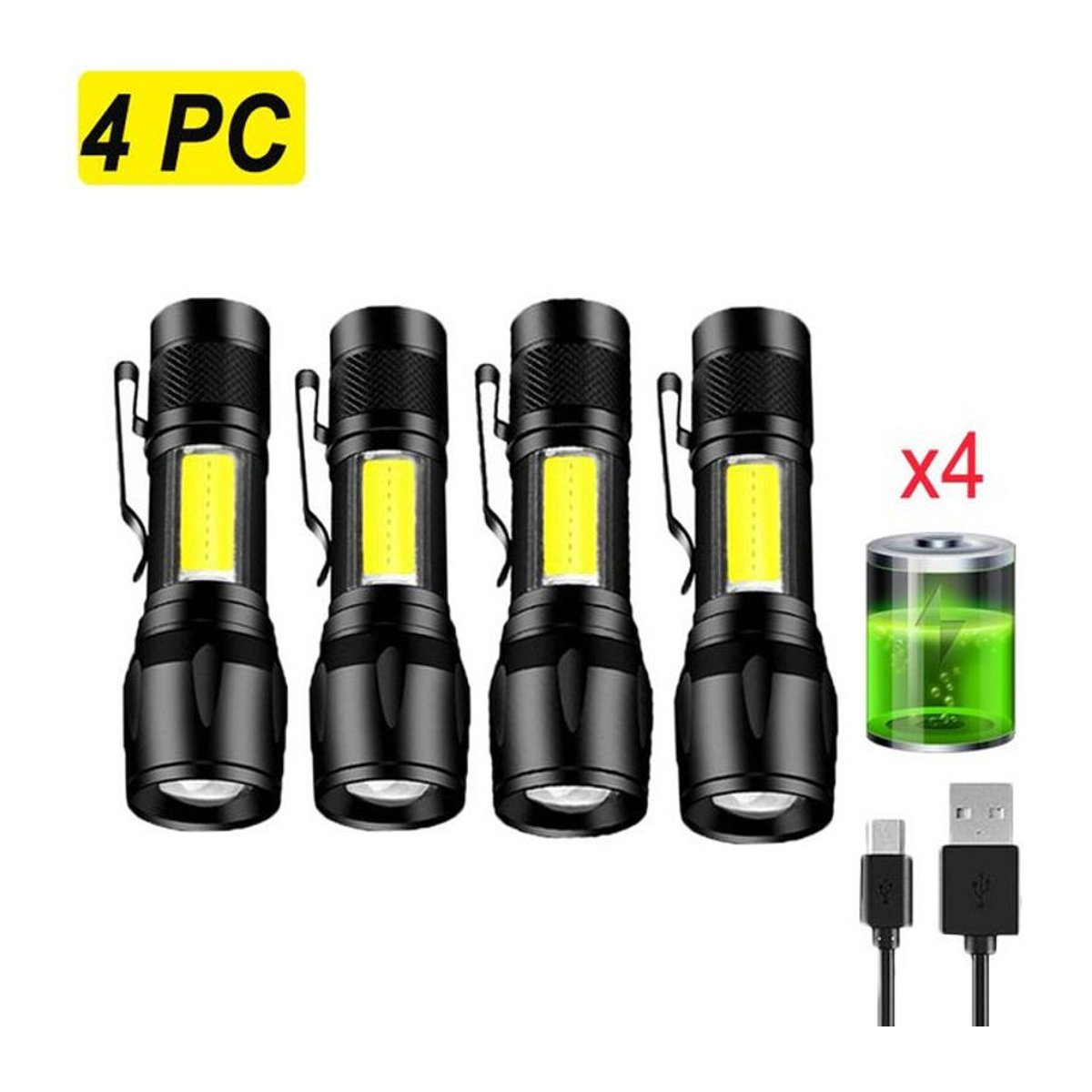 LIUXING Mini USB aufladbare LED Taschenlampe mit Zoom und COB Licht, wasserdicht für Outdoor und Camping, 4er-Set - Bild 1