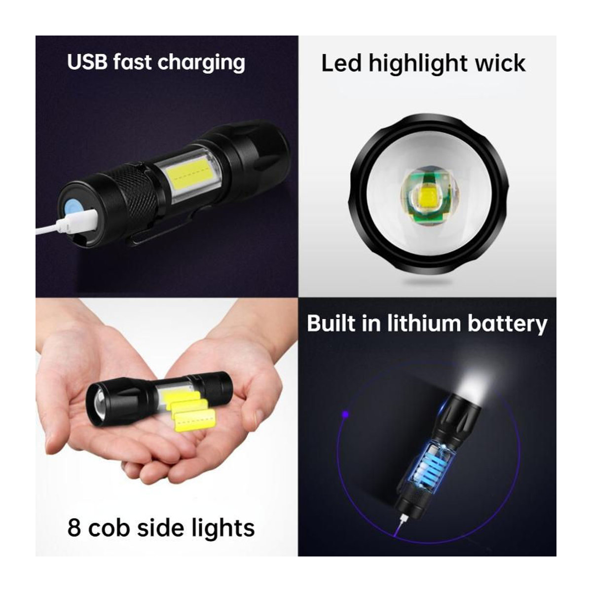 LIUXING Mini USB aufladbare LED Taschenlampe mit Zoom und COB Licht, wasserdicht für Outdoor und Camping, 4er-Set - Bild 4