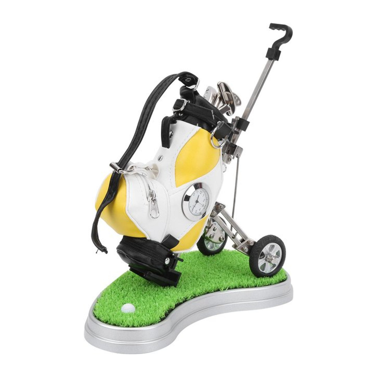 Lixada Mini Desktop Stifthalter aus Zinklegierung in Form einer Golftasche mit Rasenbasis und Uhr, Multicolor - Bild 1