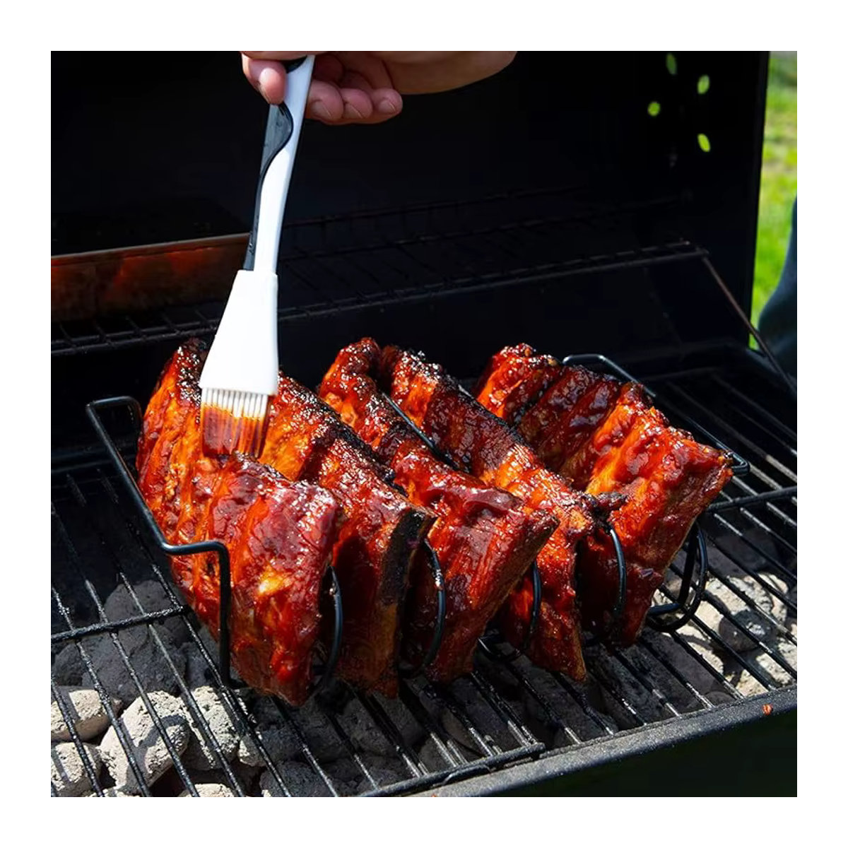 LMETJMA BBQ-Rippenständer aus antihaftbeschichtetem Stahl für Gasgrills, hält 4 Rippen-Racks, Modell JT25t - Bild 3