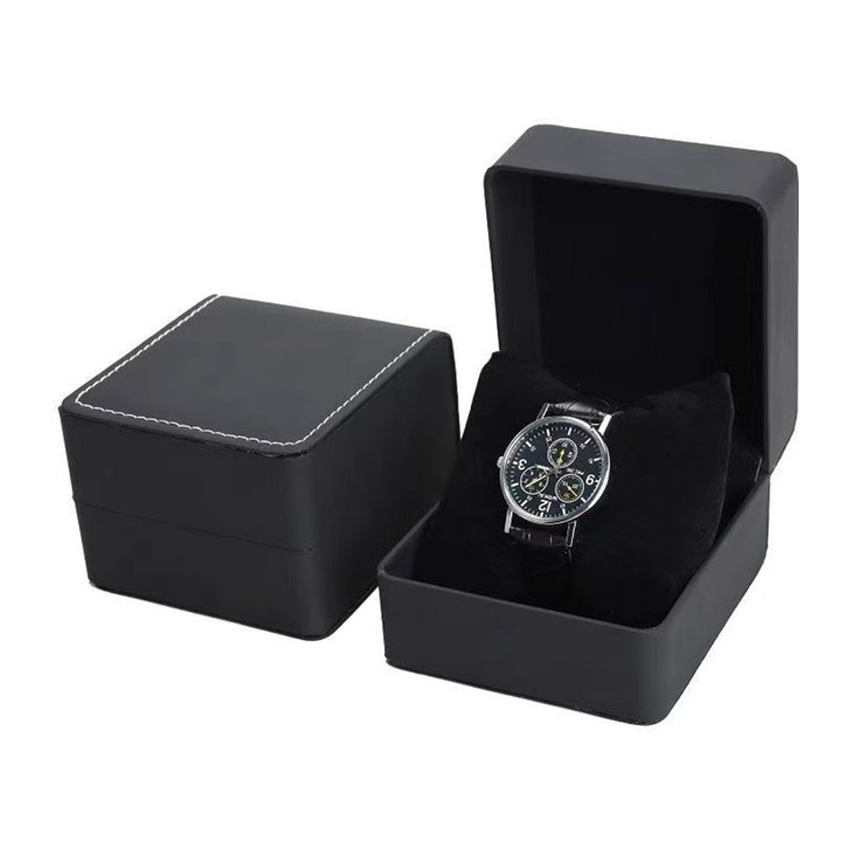 Lnofxas Einzeluhr-Geschenkbox für Herren aus schwarzem PU-Leder mit Kissen und Vitrine - Bild 1