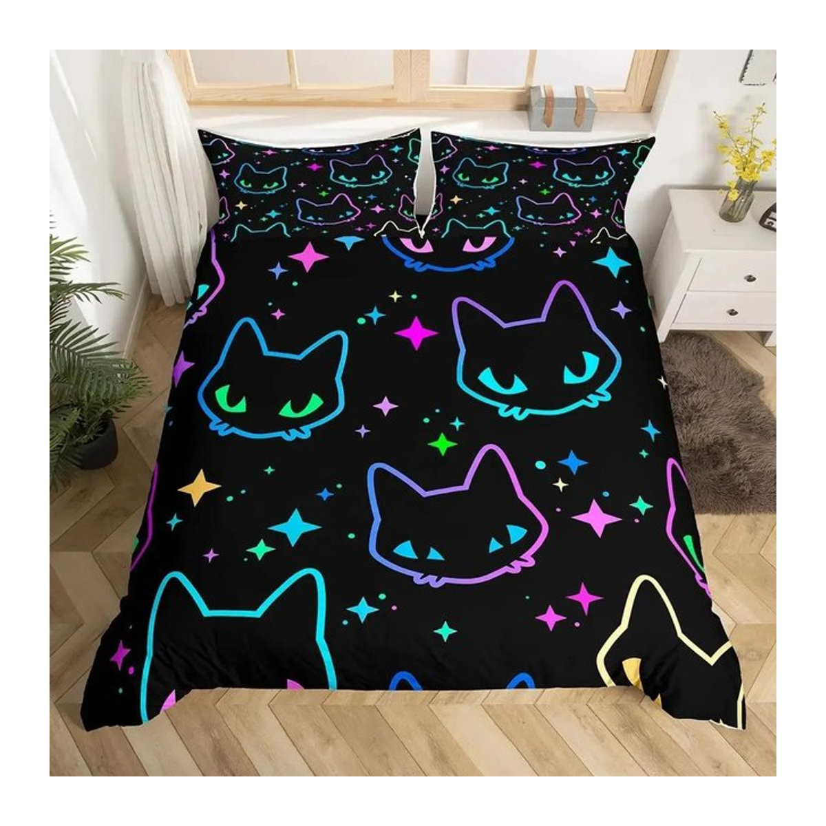 Lodestar Bettwäsche Set mit abstraktem Katzen-Design in Bunt, Queen Size Bettbezug mit Reißverschluss - Bild 1