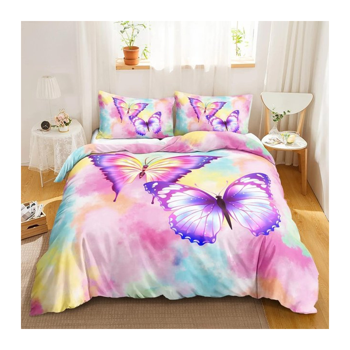 Lodestar Bettwäsche Set Schmetterling und Regenbogen in Rosa Lila Multicolor mit Reißverschluss, B/H: 133 x 200 cm - Bild 1