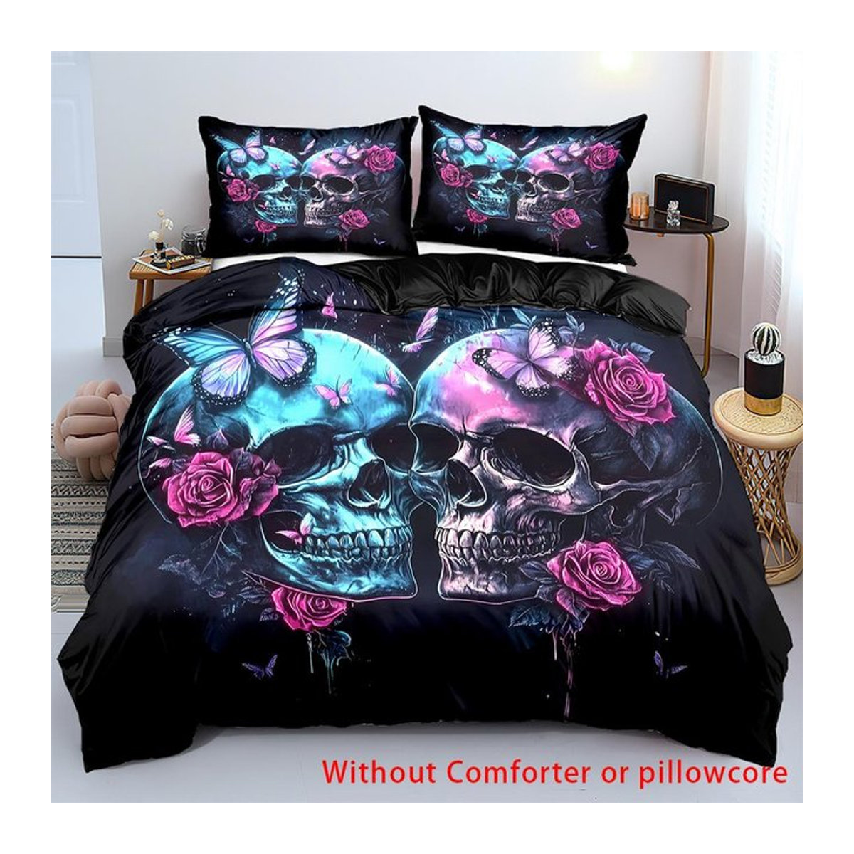 Lodestar Bettwäscheset mit Totenkopf und bunten Vintage-Rosen in Schwarz, B/H: 135 x 200 cm - Bild 1