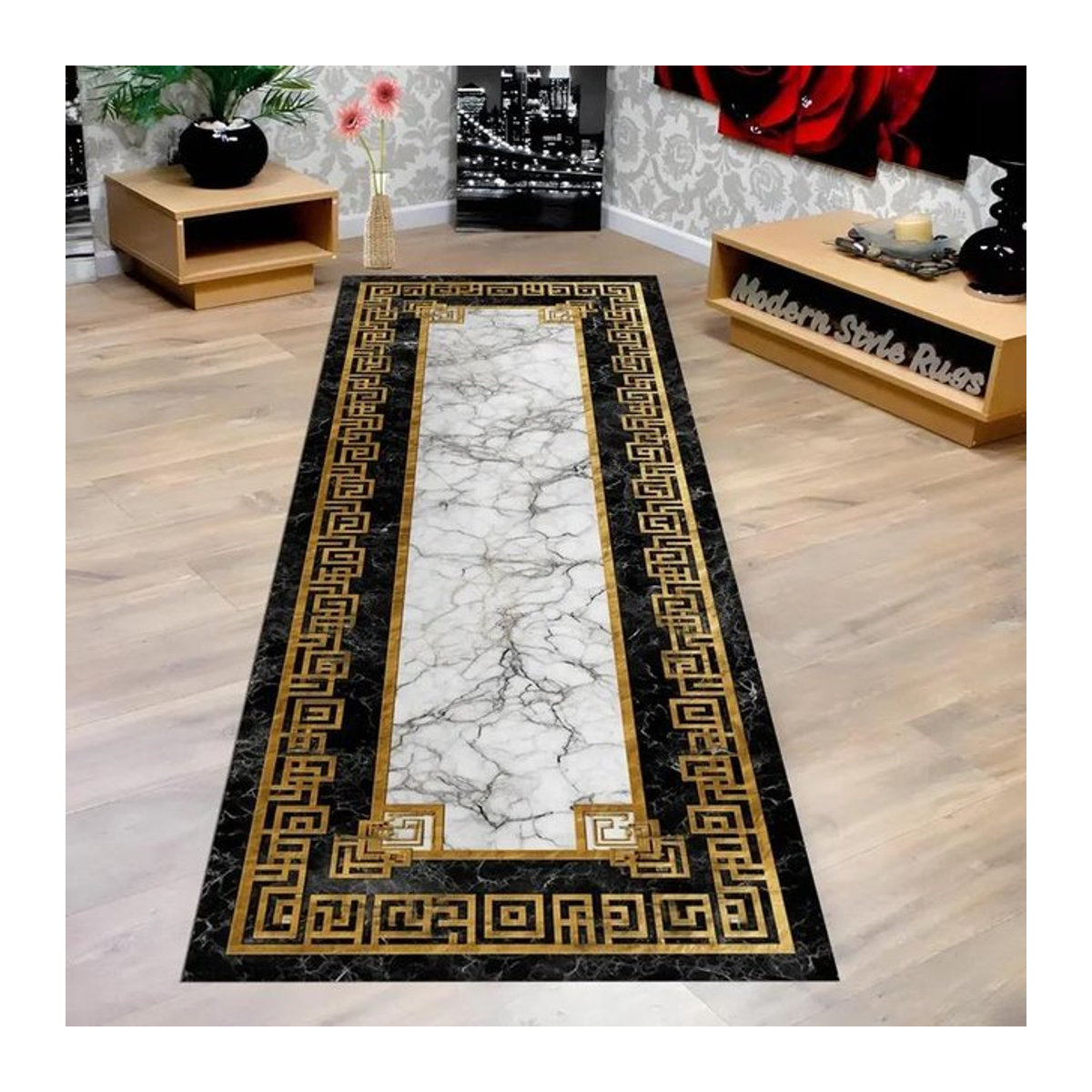 Lodestar Border Läufer Teppich Schwarz Goldfarben Marmoriertes Muster B/T: 150 x 50 cm - Bild 1
