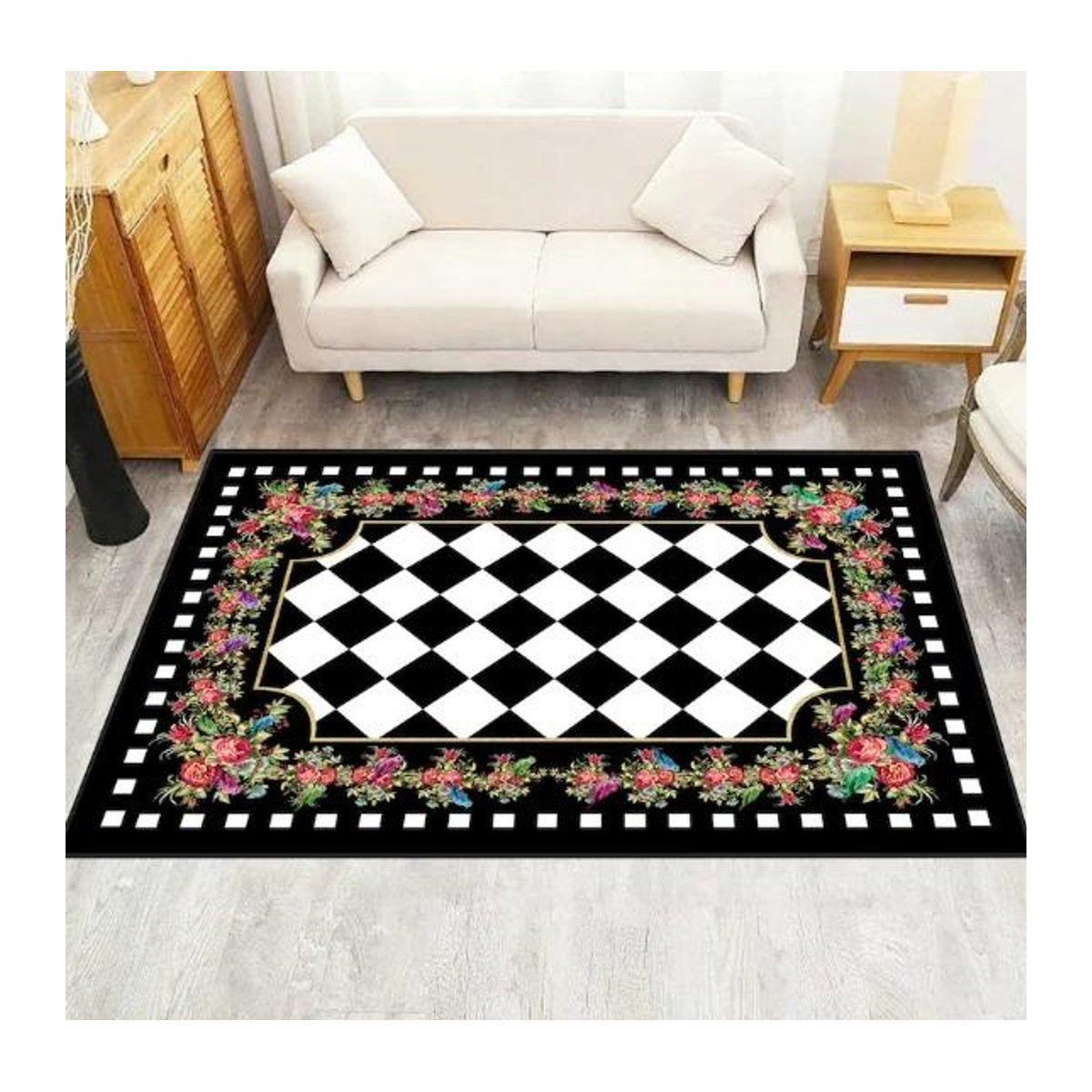 Lodestar Teppich Läufer mit floralem Damast-Muster und Rautenmuster in Schwarz-Weiß, B/T: 60 x 40 cm - Bild 1