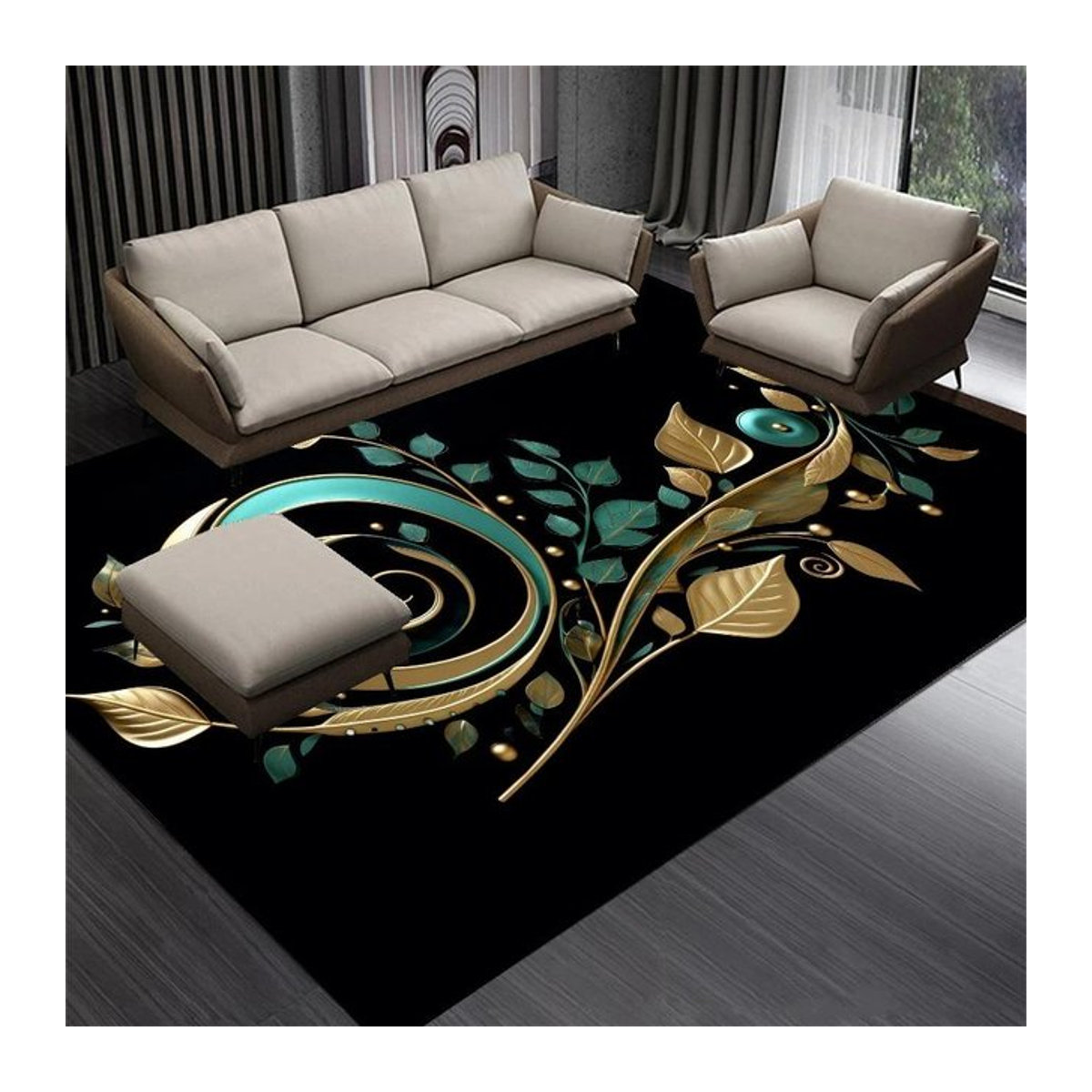 Lodestar Teppich mit goldenem Blättermuster in Grün für Wohnzimmer und Schlafzimmer B/B: 40 x 60 cm - Bild 1