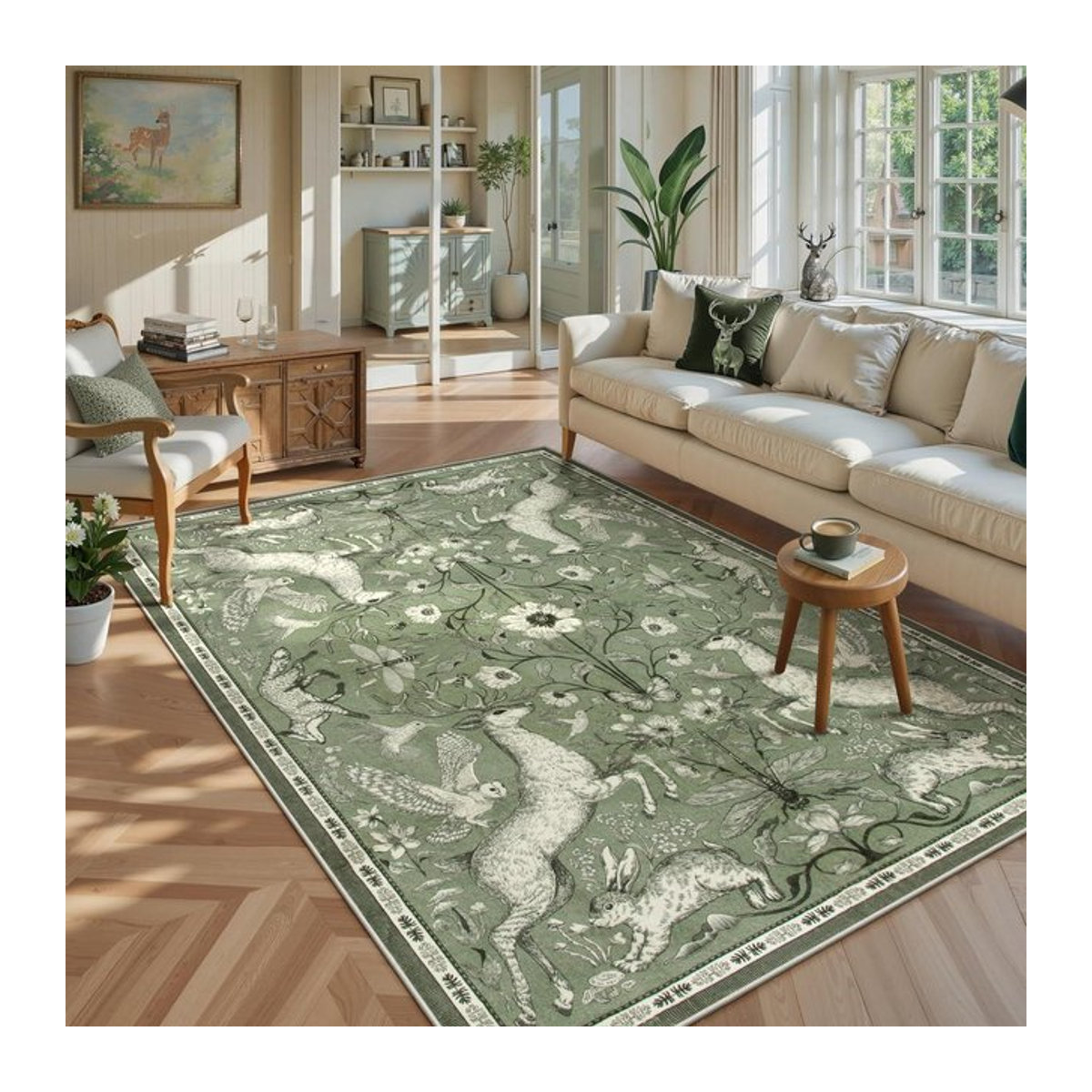Lodestar Teppich Waldtier Hirsch Kaninchen Nordisch in Grün und Grau, weich und rutschfest, B/T: 80 x 120 cm - Bild 1