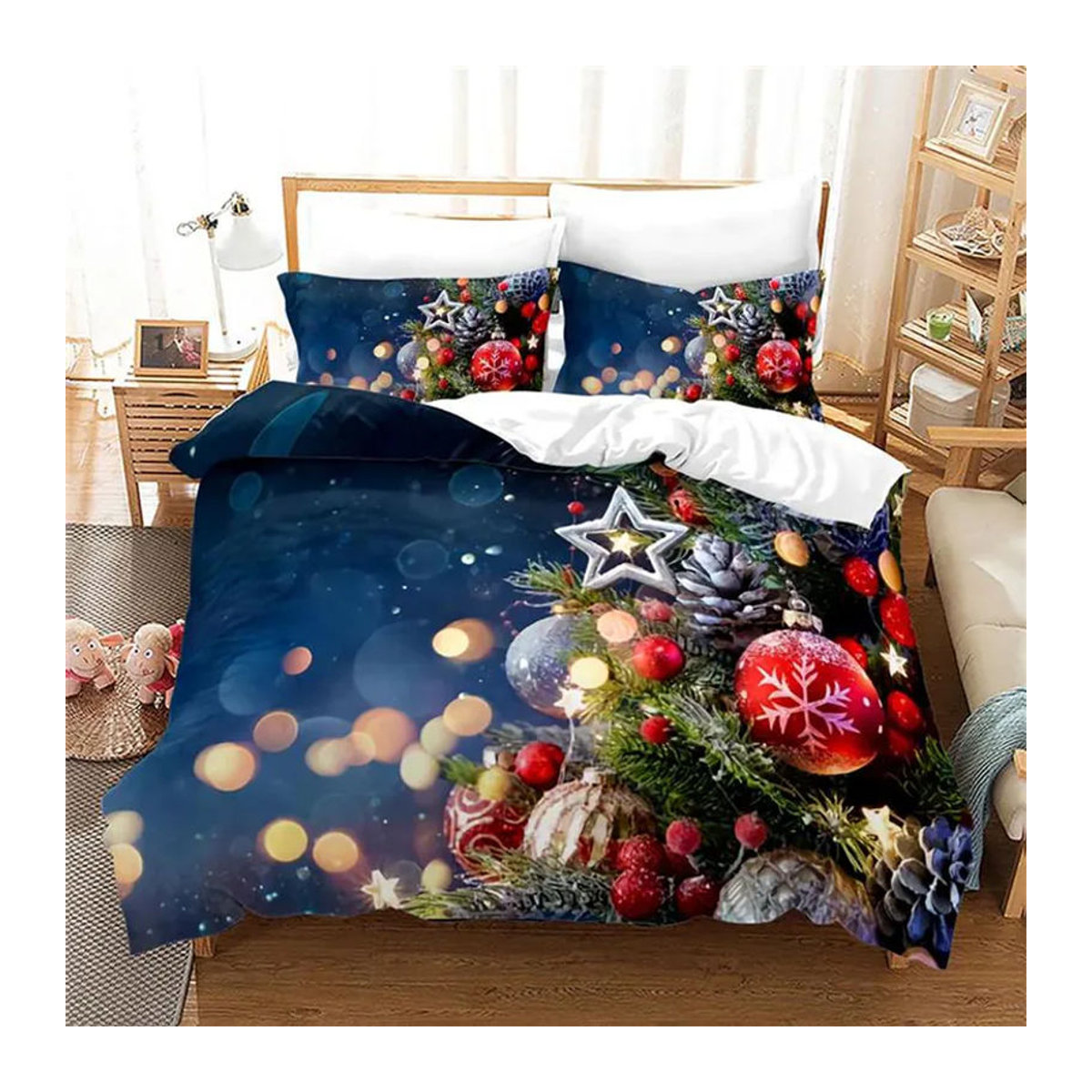 Lodestar Weihnachts-Bettwäsche-Set mit Sternen, Schneeflocken und Glockenmuster in Rot, 3-teilig, B/H: 135 x 200 cm - Bild 2