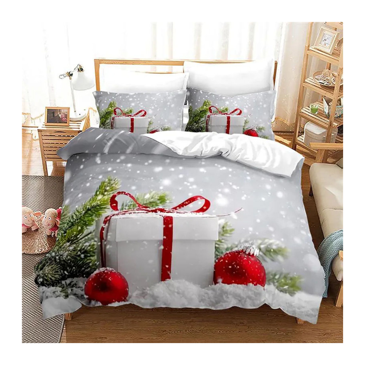 Lodestar Weihnachts-Bettwäsche-Set mit Sternen, Schneeflocken und Glockenmuster in Rot, 3-teilig, B/H: 135 x 200 cm - Bild 4