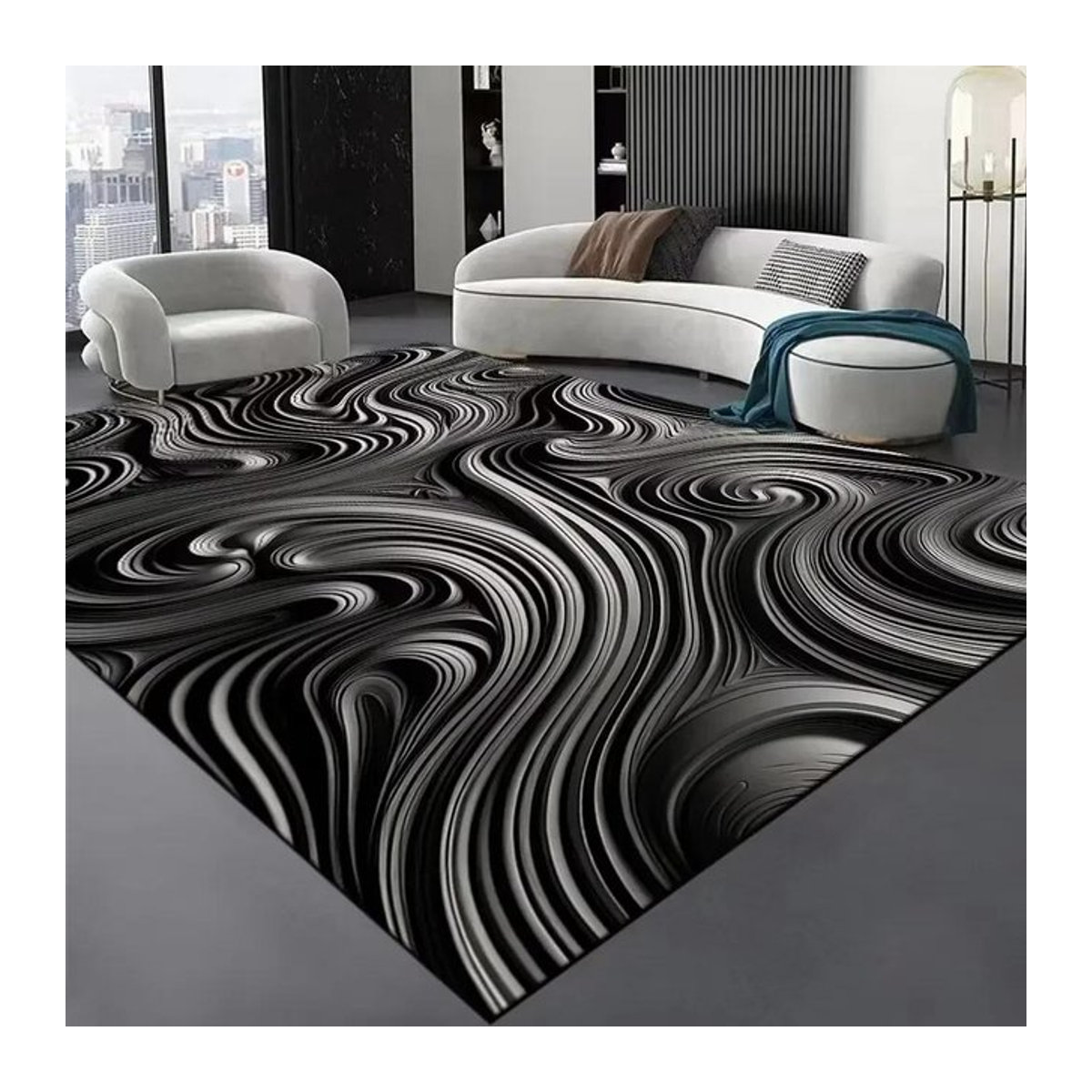Lodestar Wohnzimmerteppich Schwarz Gestreift mit Ripp-Dekoration, Waschbarer Teppich für den Salon und Sofa-Bereich, B/T: 120 x 160 cm - Bild 1