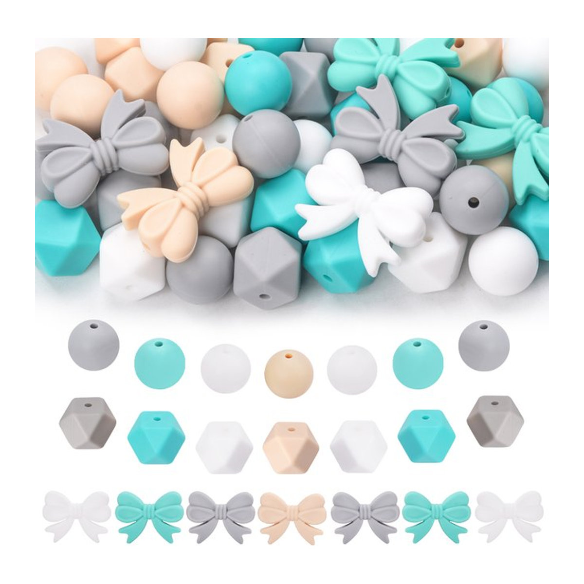 LOFCA Silikonperlen Set, 60 Stück runde Silikon-Fliege-Perlen in Bunt für dein DIY-Schmuckzubehör wie Schlüsselanhänger, Armbänder und Halsketten - Bild 1