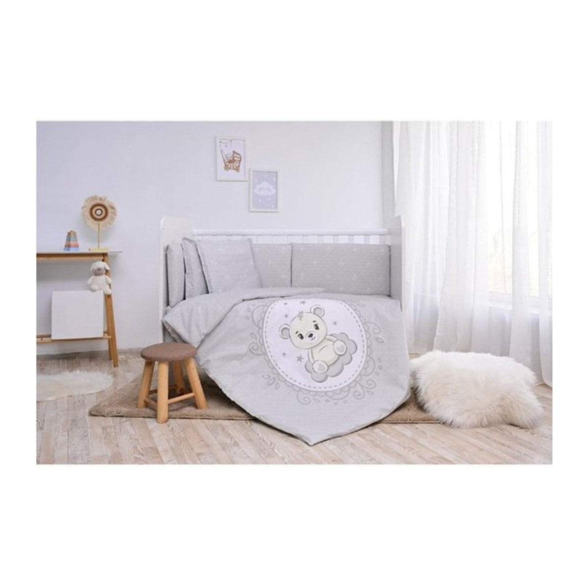 Lorelli Babybettwäsche Set Smile 6-teilig grau Sterne Decke 140 x 95 cm, Kissen 43 x 35 cm, Bett 120 x 60 cm - Bild 1