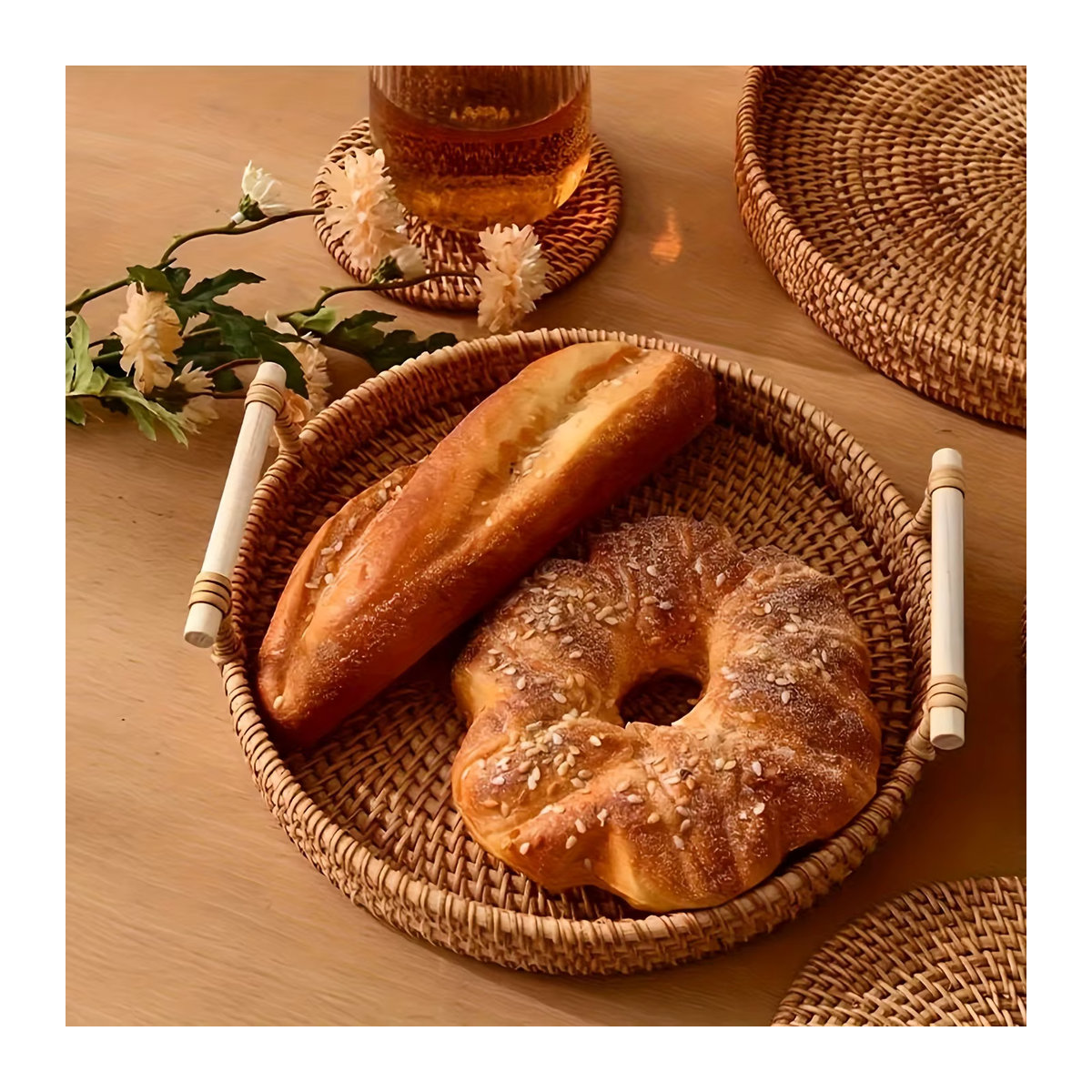 LOULONG Rattan-Tablett rund in Braun mit doppelten Griffen als Serviertablett und Aufbewahrungskorb im Bohemian-Stil - Bild 2