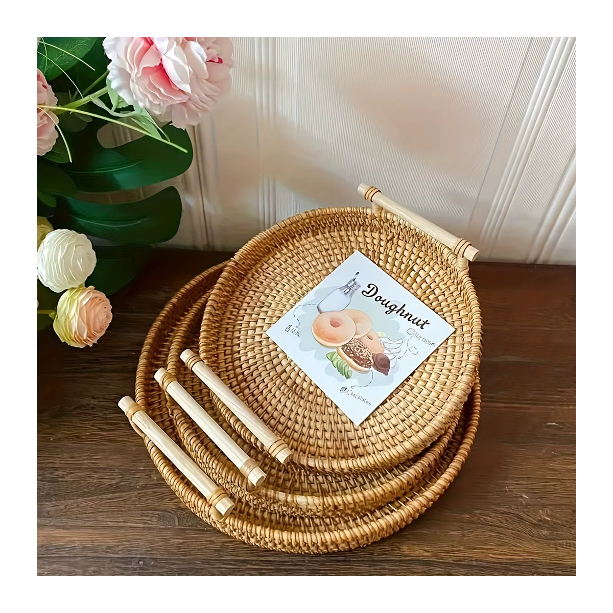 LOULONG Rattan-Tablett rund in Braun mit doppelten Griffen als Serviertablett und Aufbewahrungskorb im Bohemian-Stil - Bild 3
