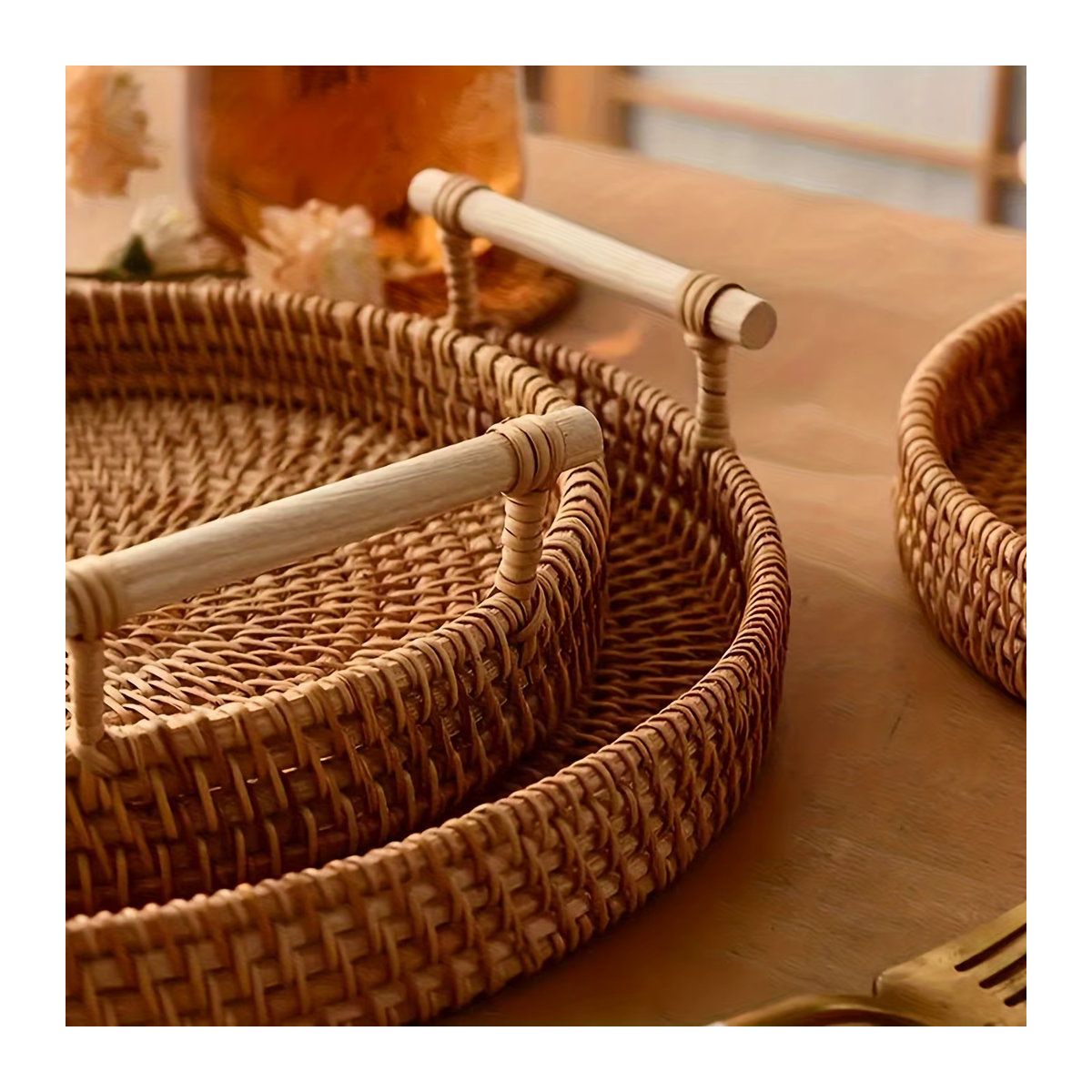 LOULONG Rattan-Tablett rund in Braun mit doppelten Griffen als Serviertablett und Aufbewahrungskorb im Bohemian-Stil - Bild 6