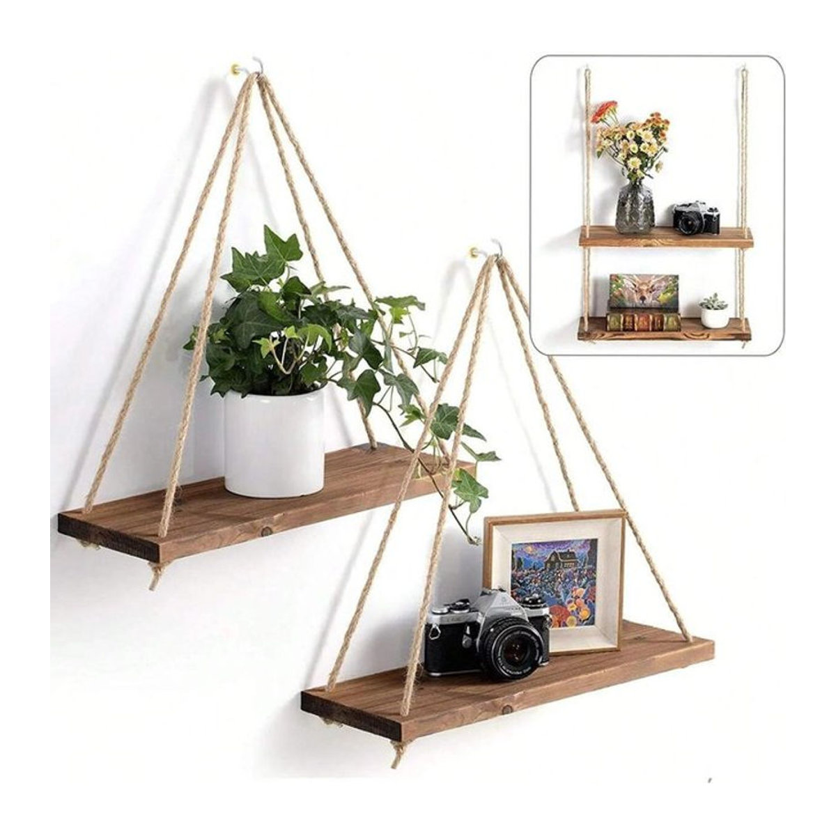 Love Home Garden Hängeregal aus Holz mit Hanfseil in Braun für Wandmontage und Dekoration im Landhausstil - Bild 1