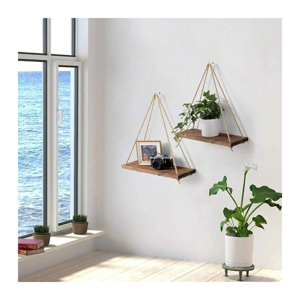 Love Home Garden Hängeregal aus Holz mit Hanfseil in Braun für Wandmontage und Dekoration im Landhausstil - Bild 3