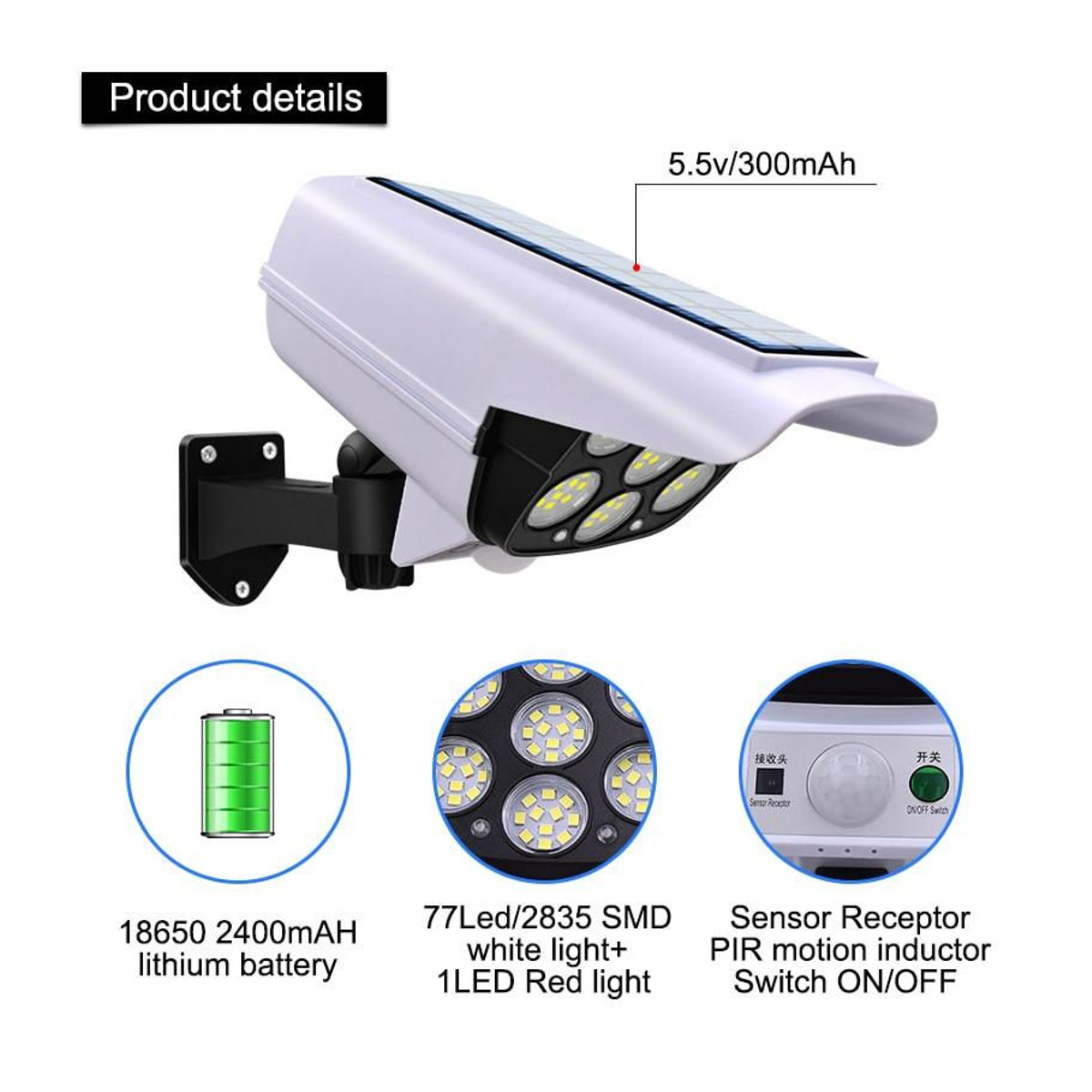 Love Home&Kitchen Solar-Außenstrahler mit Bewegungsmelder und Sicherheits-Dummy-Kamera, kabelloses Flutlicht mit 77 LED-Lampen in Kaltweiß, IP65 wasserdicht, Weiß - Bild 2