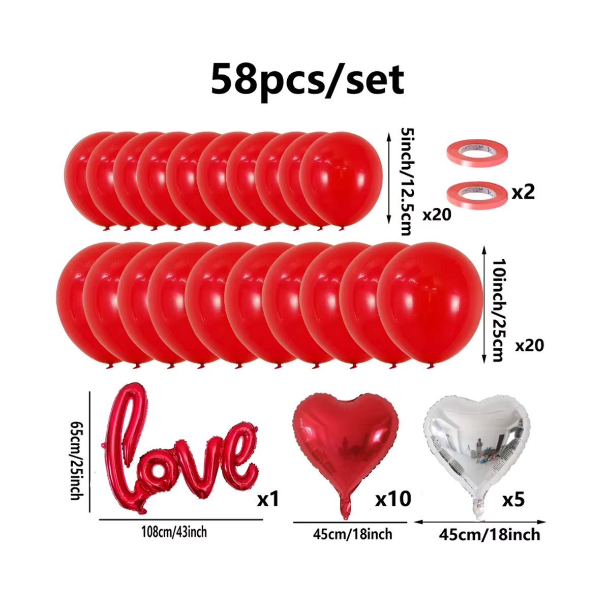 LQVYI Ballon-Set für Valentinstag und Hochzeit in Silber und Rot mit Herz-Motiven, 58 Teile - Bild 3