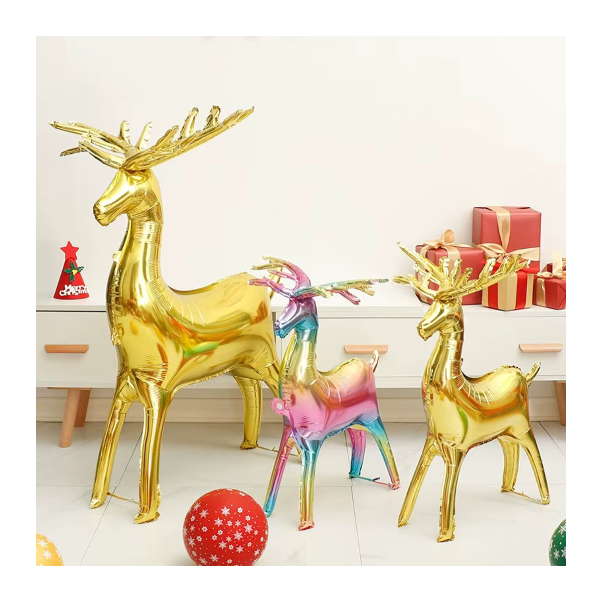 LQZZY Weihnachtsballons Set aus 3 Stück in Gold mit Elch und Schlitten zur Weihnachtsdekoration - Bild 2