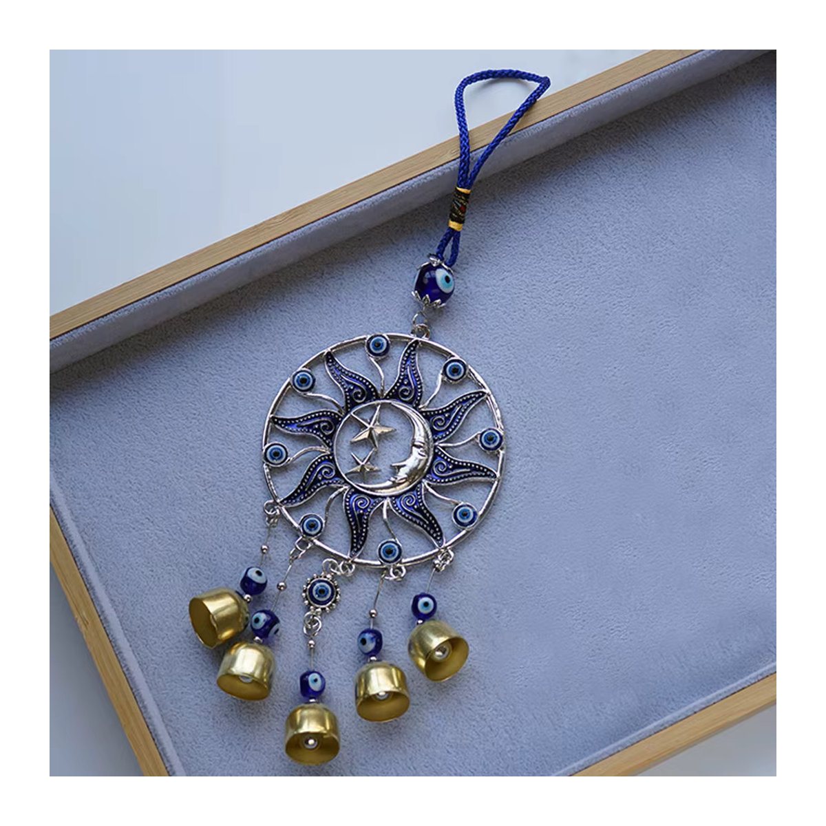 Lucky Eye Wandbehang mit Sonne Mond Stern Anhänger und Quaste in Blau Türkis im Bohemian Stil - Bild 2