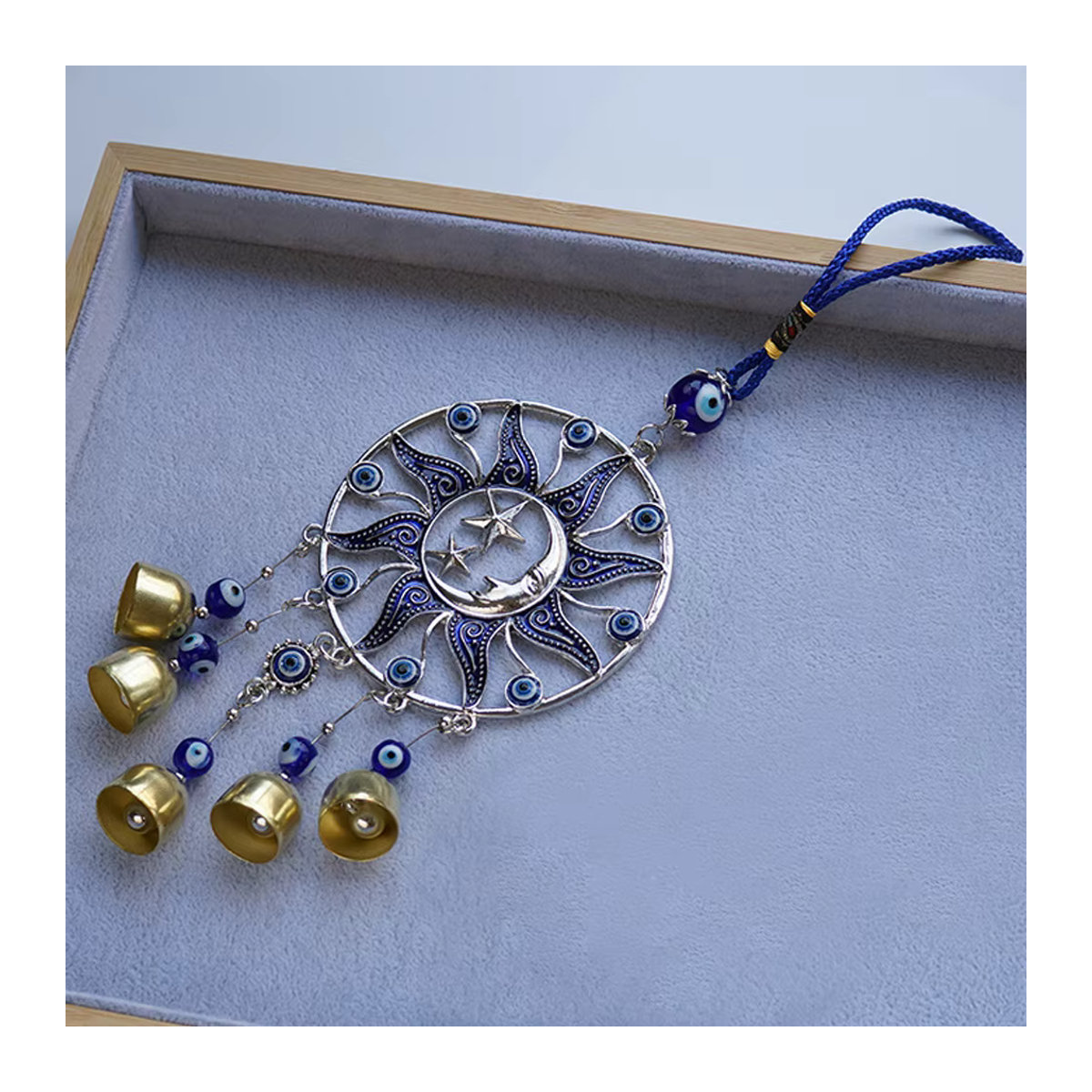 Lucky Eye Wandbehang mit Sonne Mond Stern Anhänger und Quaste in Blau Türkis im Bohemian Stil - Bild 3