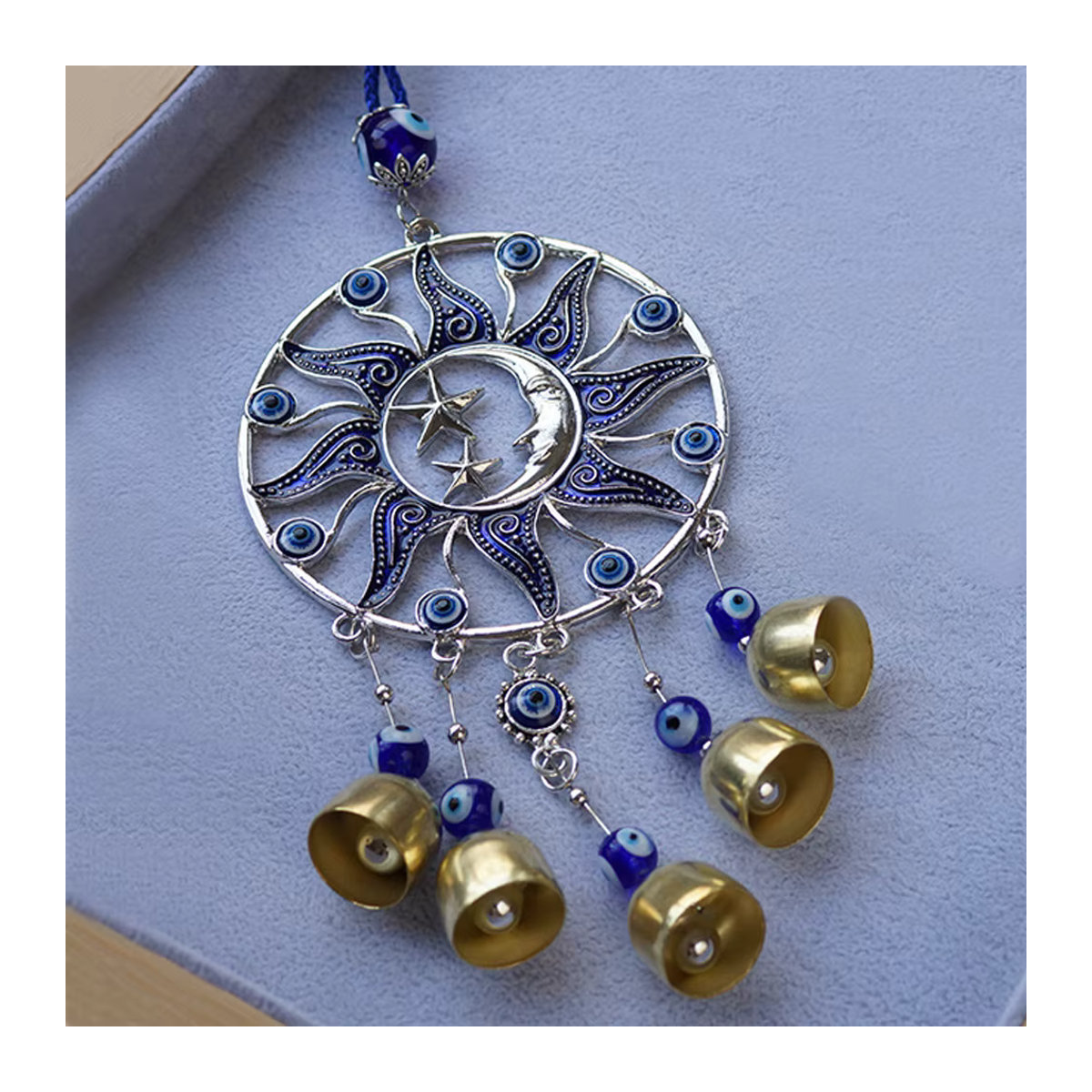 Lucky Eye Wandbehang mit Sonne Mond Stern Anhänger und Quaste in Blau Türkis im Bohemian Stil - Bild 4