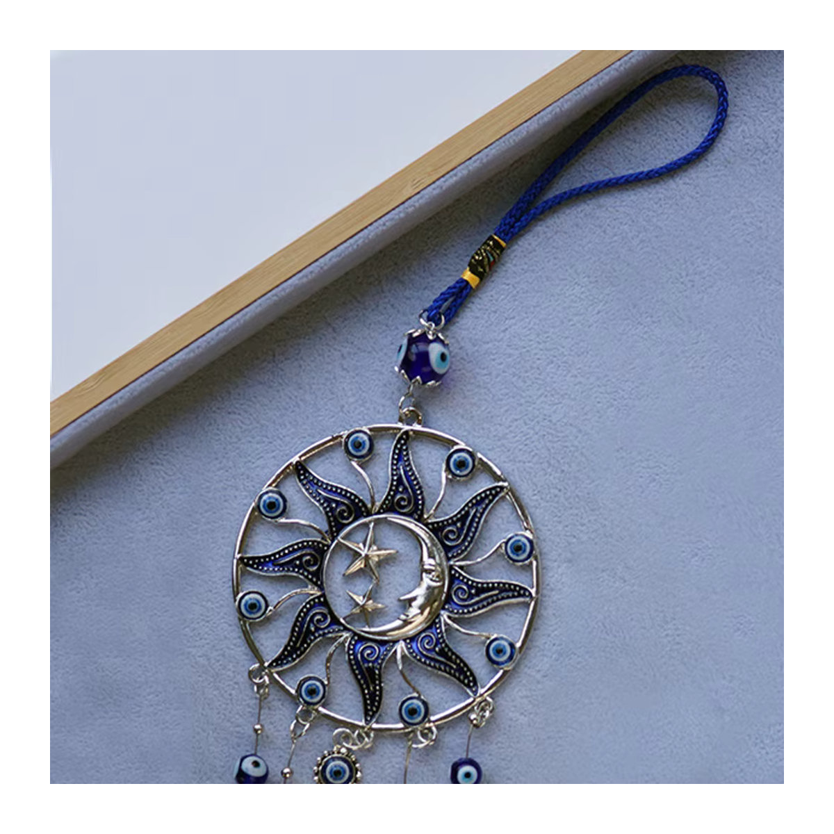 Lucky Eye Wandbehang mit Sonne Mond Stern Anhänger und Quaste in Blau Türkis im Bohemian Stil - Bild 5