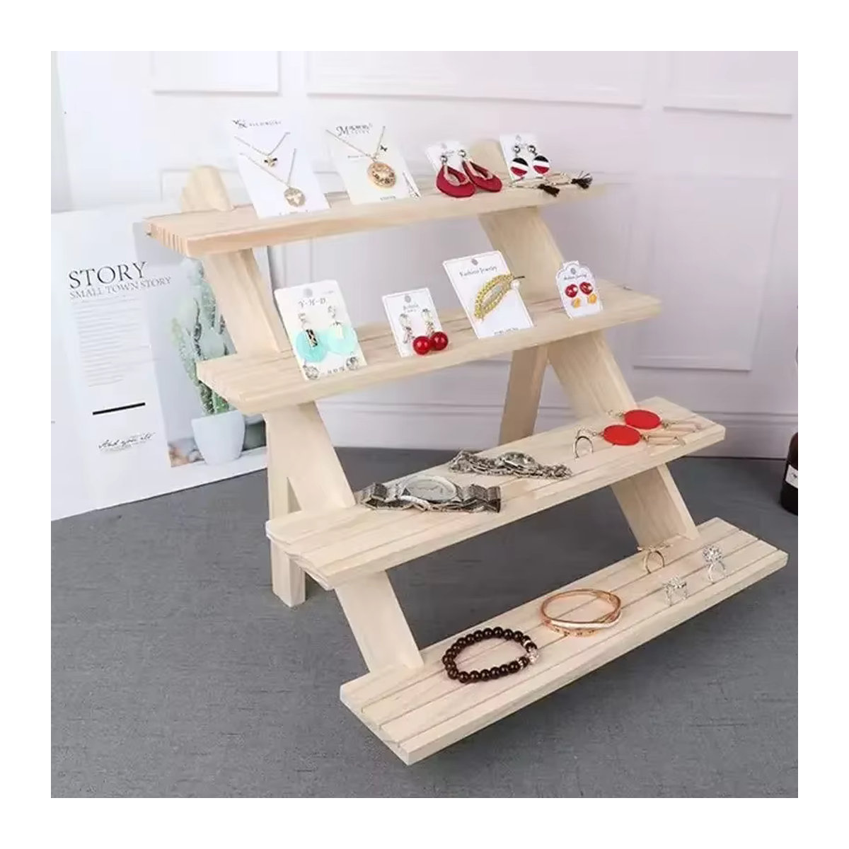 Luckyiasv Schmuckdisplay aus Holz in Beige mit 4 Schichten für Schmuck und Dekoration - Bild 2