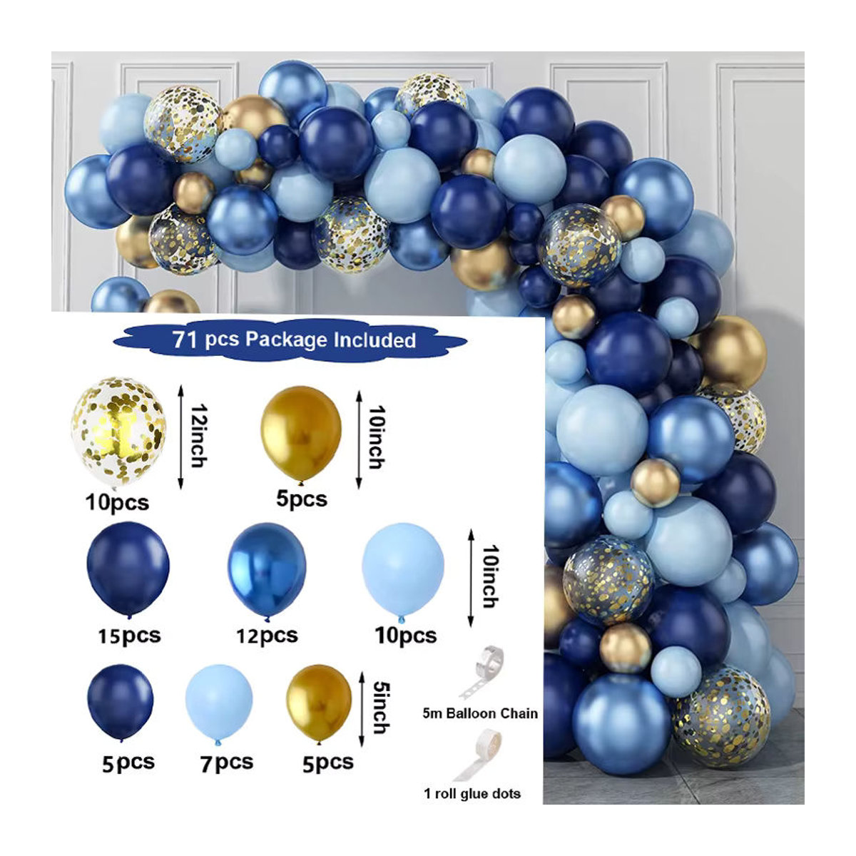 Luftballon Girlande Set in Blau und Gold mit Konfetti für Geburtstag und Hochzeit, Dekoration aus Metall und Kunststoff - Bild 6