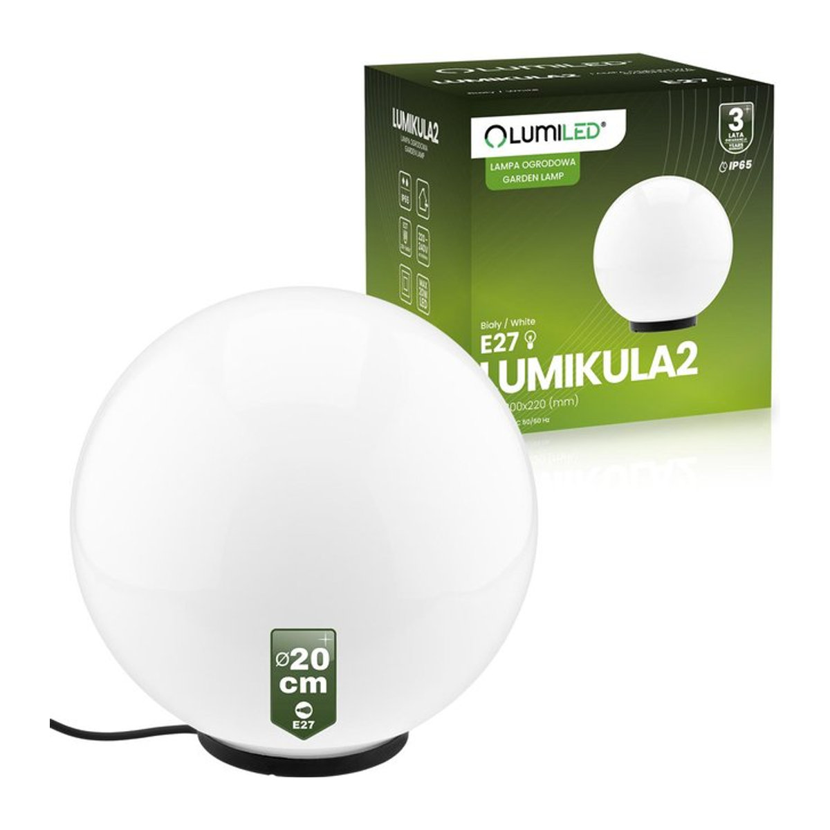 Lumiled Gartenleuchte Lumikula2 Außenleuchte Kugel in Weiß, modern, E27, IP65, Durchmesser: 20 cm - Bild 1