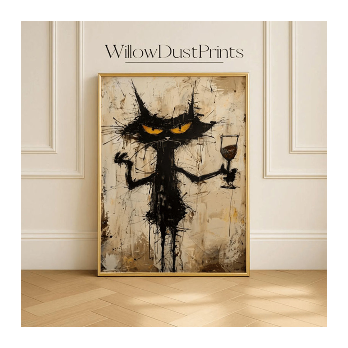 Lustige Katzen-Wandkunst von SHENCHEN im Grunge-Stil, mehrfarbige Dekoration mit gruseliger Katze und Weinglas als digitaler Download für Küche, Büro oder Bar - Bild 1