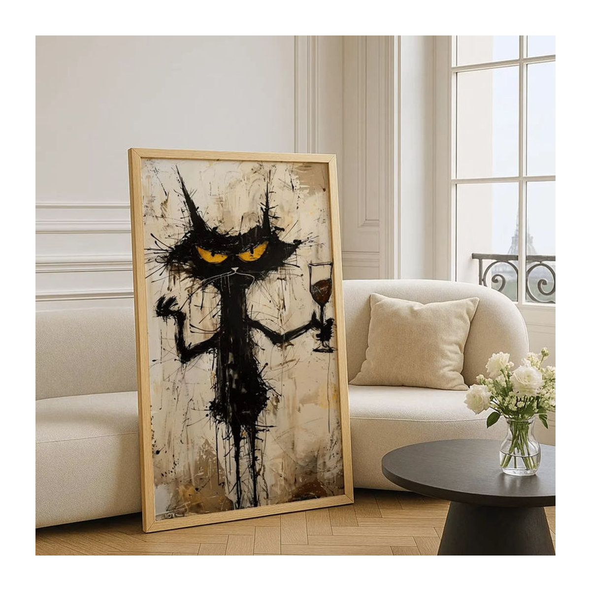 Lustige Katzen-Wandkunst von SHENCHEN im Grunge-Stil, mehrfarbige Dekoration mit gruseliger Katze und Weinglas als digitaler Download für Küche, Büro oder Bar - Bild 2