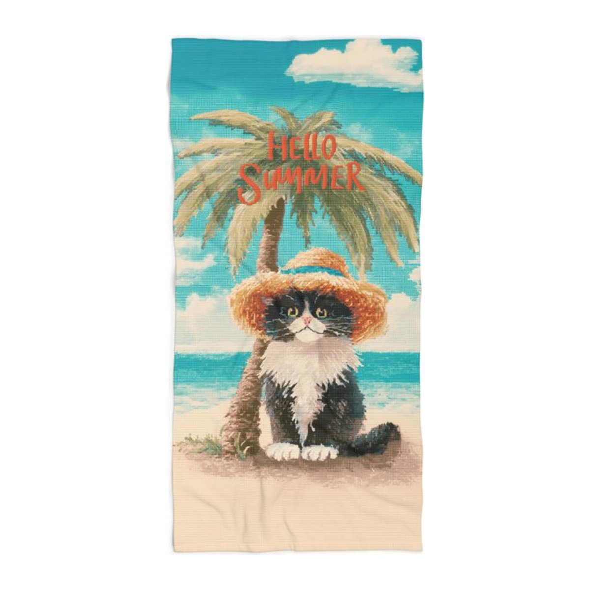 Lustiges Katzen-Strandtuch im Vintage-Kreuzstich-Design Hallo Sommer, Retro-Pooltuch mit niedlicher Katze, Breite: 30 cm, Höhe: 60 cm - Bild 1