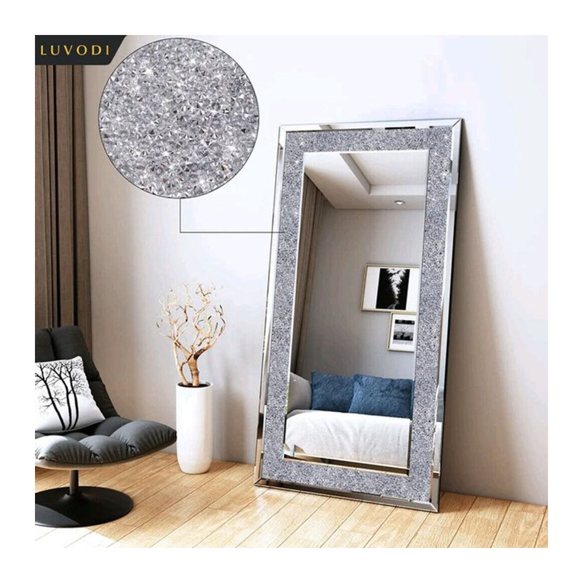 LUVODI Wandmontierter Kosmetikspiegel in Silber, Rahmenloser rechteckiger Schminkspiegel mit Kristall-Strass-Design aus Glas, B/H: 120 x 120 cm - Bild 1