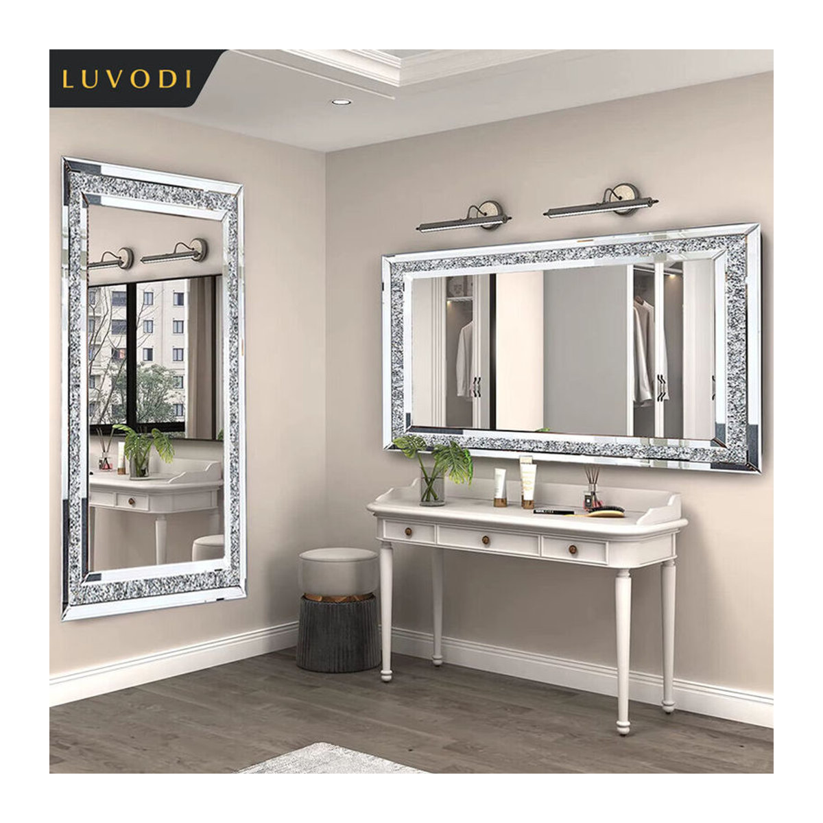 LUVODI Wandmontierter Kosmetikspiegel in Silber, Rahmenloser rechteckiger Schminkspiegel mit Kristall-Strass-Design aus Glas, B/H: 120 x 120 cm - Bild 2