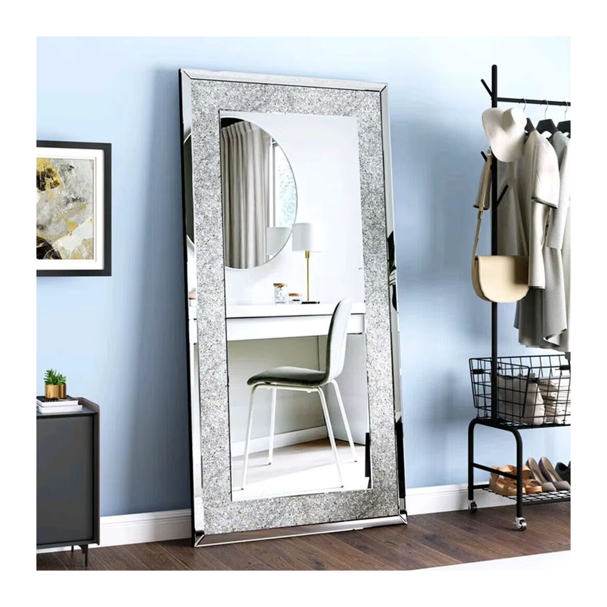 LUVODI Wandmontierter Kosmetikspiegel in Silber, Rahmenloser rechteckiger Schminkspiegel mit Kristall-Strass-Design aus Glas, B/H: 120 x 120 cm - Bild 4