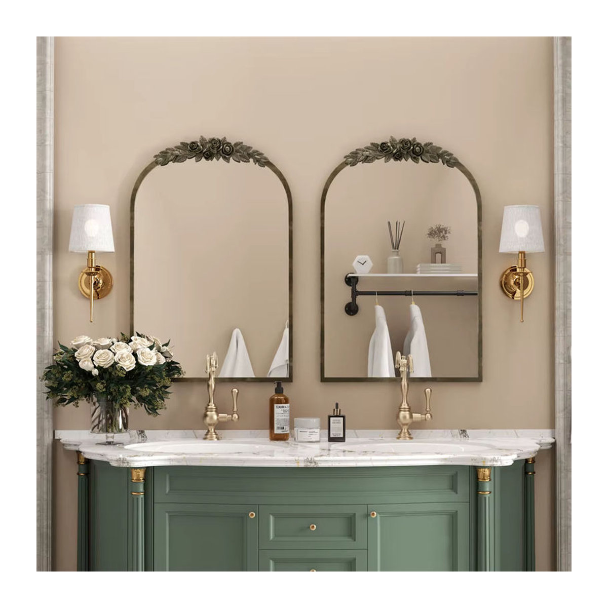 LUVODI Wandspiegel in Gold mit bogenförmigem Metallrahmen und floralem Kunstharz-Rosenmuster im Vintage-Design - Bild 6