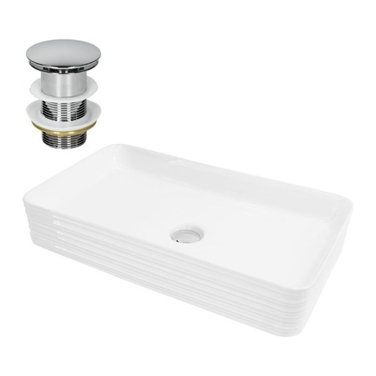 LuxeBath Waschbecken aus Keramik mit Ablaufgarnitur in Weiß und Silber, ohne Überlauf, B/T/H: 68 x 38 x 12 cm - Bild 1