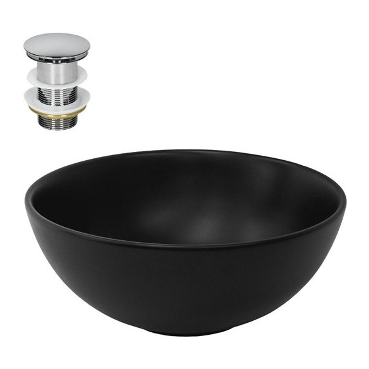 LuxeBath Waschbecken aus Keramik mit Ablaufgarnitur ohne Überlauf in Schwarz und Chrom, Durchmesser: 32 cm, Höhe: 13,5 cm - Bild 1