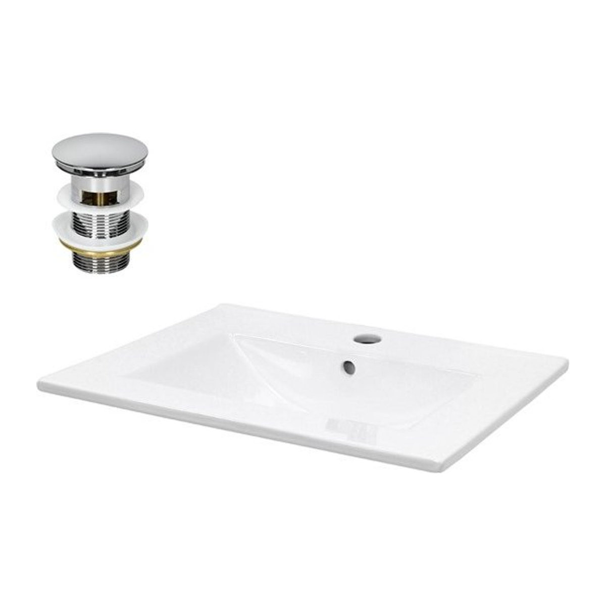 LuxeBath Waschbecken aus Keramik mit Ablaufgarnitur und Überlauf in Weiß und Chrom, B: 61 cm, T: 46,5 cm, H: 17,5 cm - Bild 1
