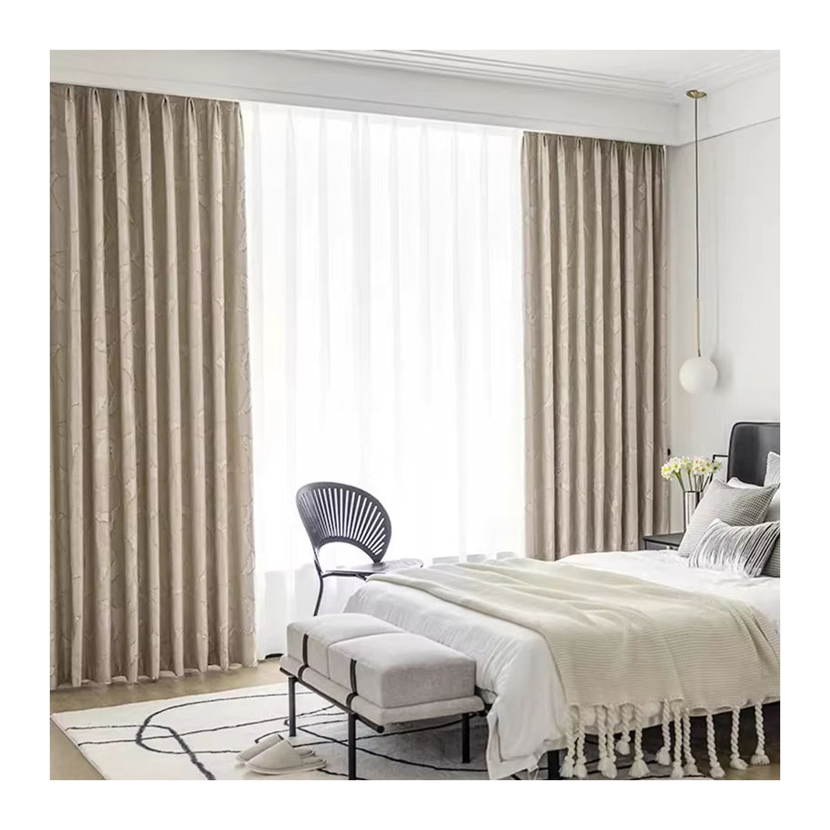 Luxuriöse Verdunkelungsvorhänge mit 3D-Blattgold-Relief in Beige mit Ösen für Wohnzimmer, Schlafzimmer oder Balkon, 1 Stück - Bild 6
