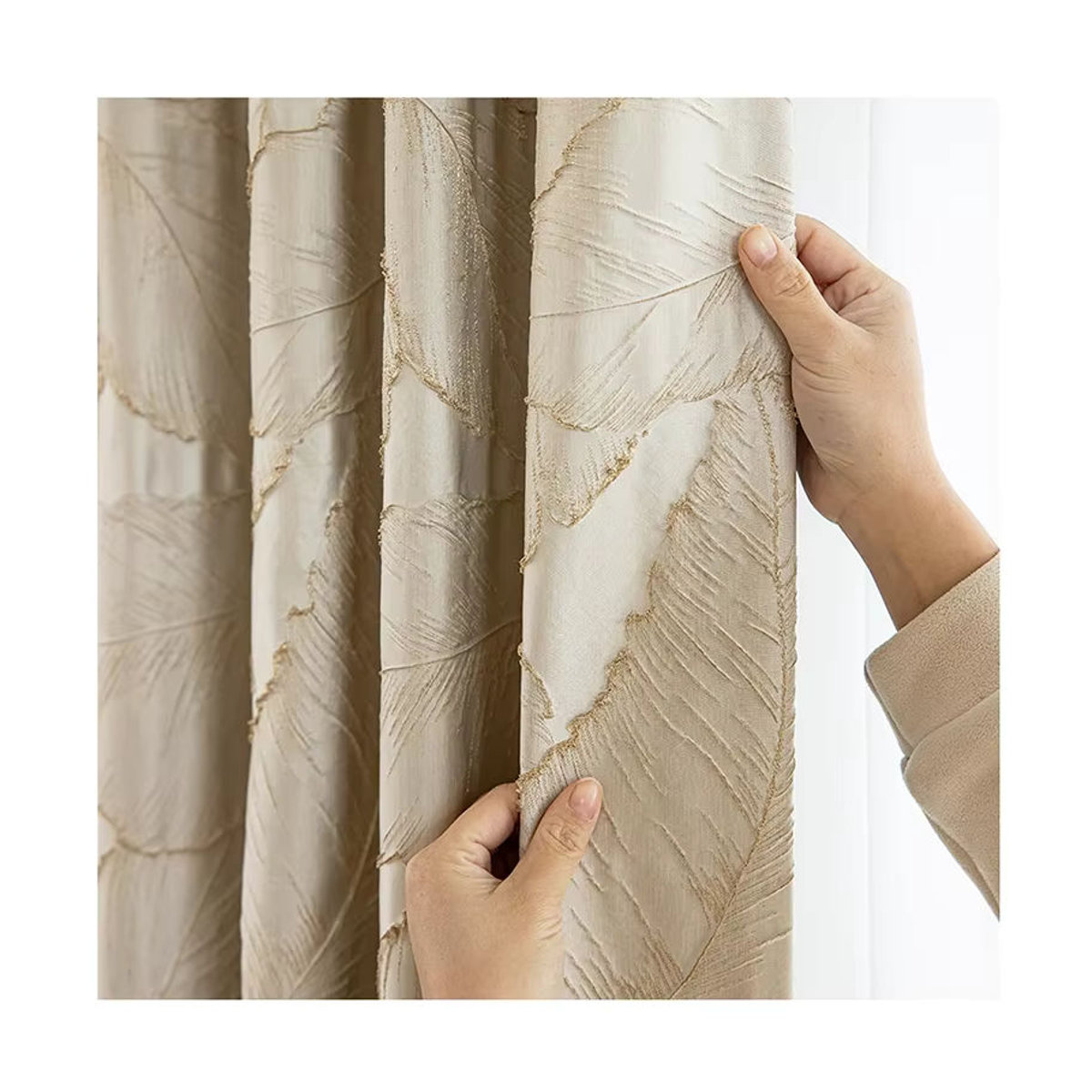 Luxuriöse Verdunkelungsvorhänge mit 3D-Blattgold-Relief in Beige mit Ösen für Wohnzimmer, Schlafzimmer oder Balkon, 1 Stück - Bild 7