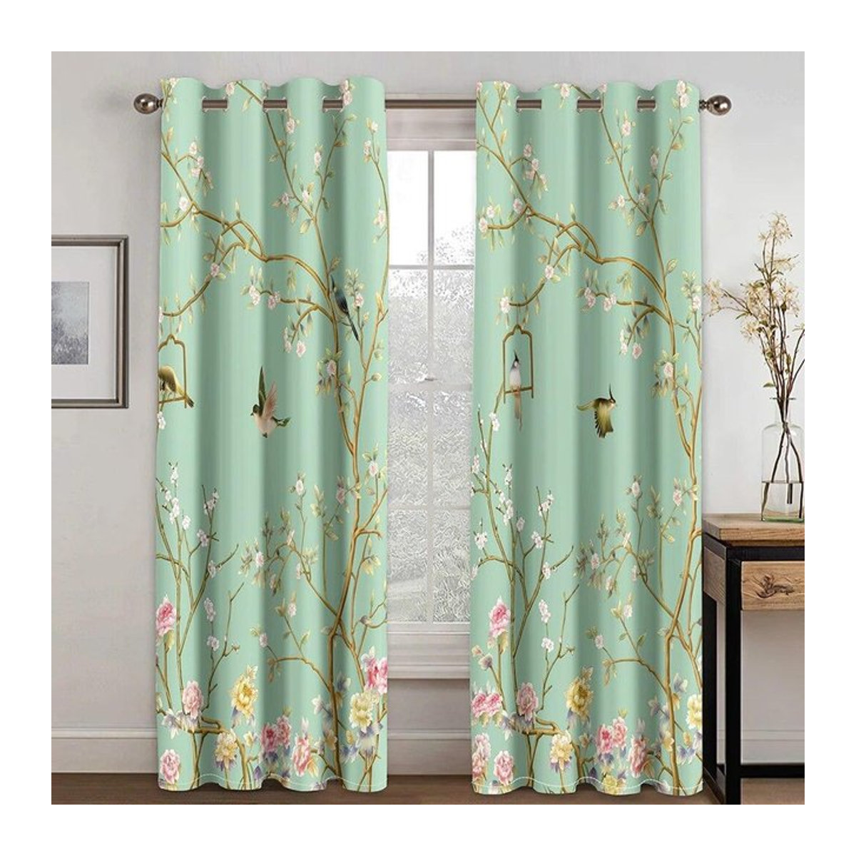 Luxuriöse Vorhänge mit Blumen- und Vogel-Design im 3D-Druck für Wohnzimmer und Schlafzimmer, 2er-Set, B: 110 cm, H: 220 cm - Bild 1