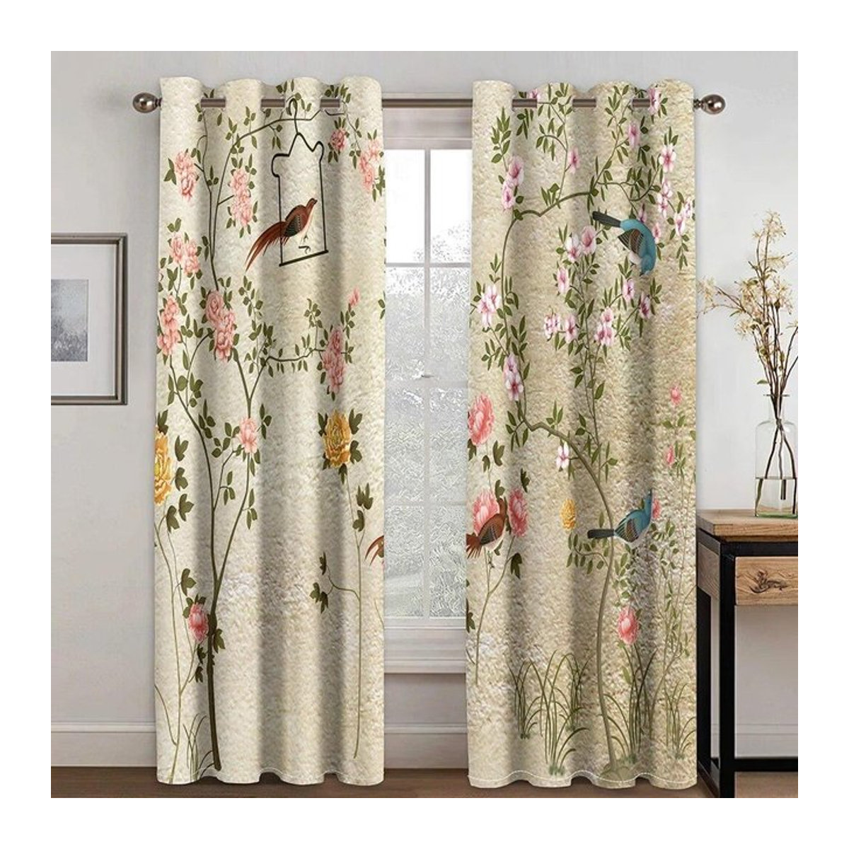 Luxuriöse Vorhänge mit Blumen- und Vogel-Design im 3D-Druck für Wohnzimmer und Schlafzimmer, 2er-Set, Breite: 100 cm, Höhe: 220 cm - Bild 1