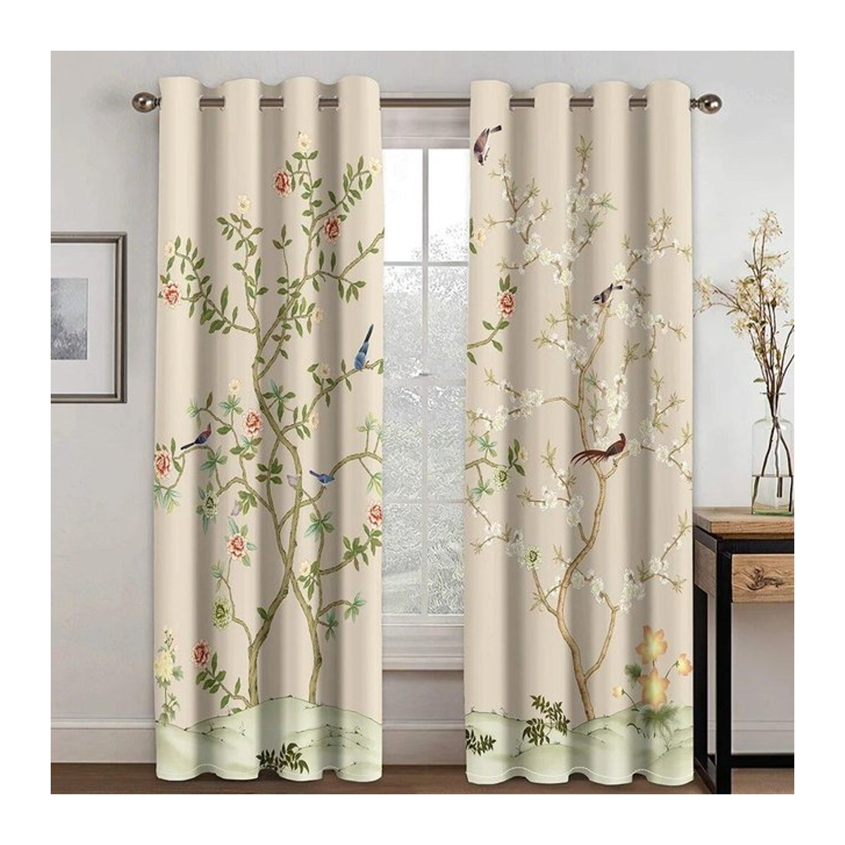 Luxuriöse Vorhänge mit Blumen- und Vogel-Design im 3D-Druck für Wohnzimmer und Schlafzimmer, 2er-Set, Breite: 120 cm, Höhe: 270 cm - Bild 1