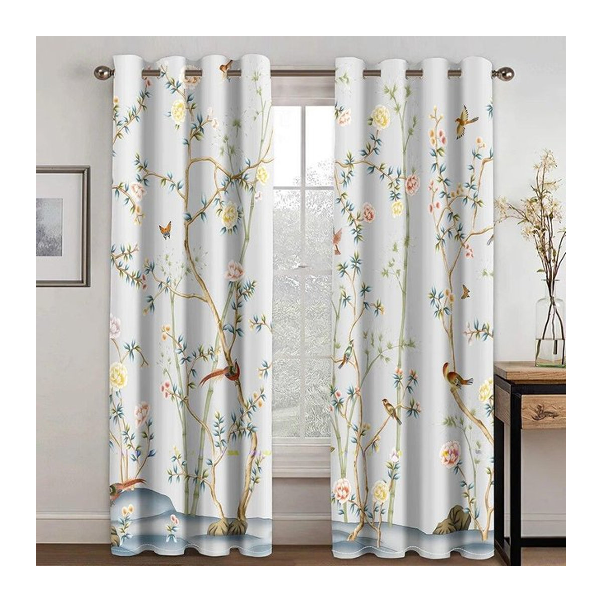 Luxuriöse Vorhänge mit Blumen- und Vogel-Design im 3D-Druck für Wohnzimmer und Schlafzimmer, 2er-Set, Breite: 50 cm, Höhe: 130 cm - Bild 1