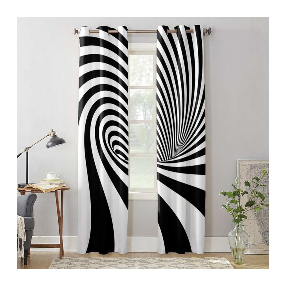 Luxuriöser halbtransparenter Fenstervorhang mit abstraktem Streifenmuster in Schwarz-Weiß, Breite: 135 cm, Höhe: 60 cm - Bild 1